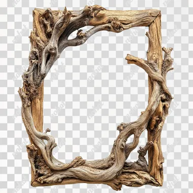 wooden roots border frame decor, on white background ar 2:3
