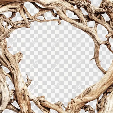 wooden roots border frame decor, on white background ar 2:3