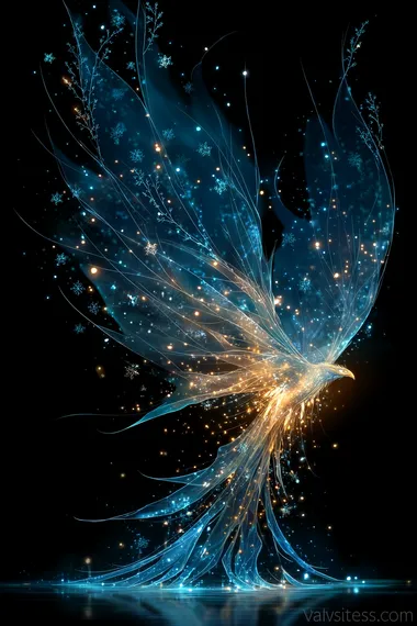 A Pixar-style image of a frost phoenix reborn mid-flight, wings shedding snowflakes and tail trailing soft aurora light. Ice crystals form midair as it soars, singing a melodic cry that sounds like both winter and hope.   --raw