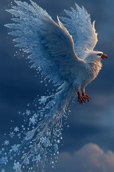A Pixar-style image of a frost phoenix reborn mid-flight, wings shedding snowflakes and tail trailing soft aurora light. Ice crystals form midair as it soars, singing a melodic cry that sounds like both winter and hope.   --raw