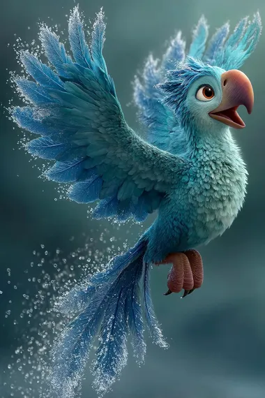 A Pixar-style image of a frost phoenix reborn mid-flight, wings shedding snowflakes and tail trailing soft aurora light. Ice crystals form midair as it soars, singing a melodic cry that sounds like both winter and hope.   --raw