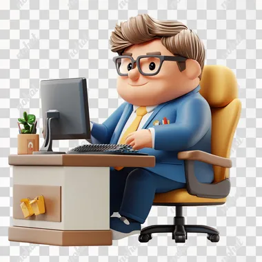 3D modeling software with a clay texture plugin, 3d character for a game, colorful character, The character is man wearing a blue color suit with a smooth and glossy texture. Character is sitting in front of computer on a chair doing a trading in stock market. Background is white. No shadow.  --s 250