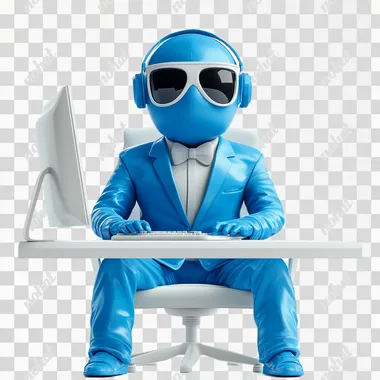 3D modeling software with a clay texture plugin, 3d character for a game, colorful character, The character is man wearing a blue color suit with a smooth and glossy texture. Character is sitting in front of computer on a chair doing a trading in stock market. Background is white. No shadow.  --s 250