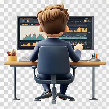3D modeling software with a clay texture plugin, 3d character for a game, colorful character, The character is man wearing a blue color suit with a smooth and glossy texture. Character is sitting in front of computer on a chair doing a trading in stock market. Background is white. No shadow.  --s 250