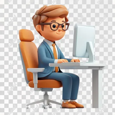 3D modeling software with a clay texture plugin, 3d character for a game, colorful character, The character is man wearing a blue color suit with a smooth and glossy texture. Character is sitting in front of computer on a chair doing a trading in stock market. Background is white. No shadow.  --s 250