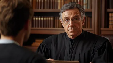 A cinematic photograph of an American judge sitting behind his bench in the courtroom, wearing black robes and glasses with gray hair and looking at someone off-camera. The setting is a modern law office with bookshelves in the background. A man sits across from him, facing away from us, as he reads aloud what he claims to be true about another person who cannot see them, but we can hear their voice.  --s 250