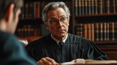 A cinematic photograph of an American judge sitting behind his bench in the courtroom, wearing black robes and glasses with gray hair and looking at someone off-camera. The setting is a modern law office with bookshelves in the background. A man sits across from him, facing away from us, as he reads aloud what he claims to be true about another person who cannot see them, but we can hear their voice.  --s 250