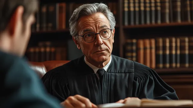 Judge in Modern Law Office Discusses Truth with Man in Library