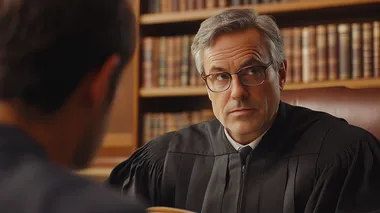 A cinematic photograph of an American judge sitting behind his bench in the courtroom, wearing black robes and glasses with gray hair and looking at someone off-camera. The setting is a modern law office with bookshelves in the background. A man sits across from him, facing away from us, as he reads aloud what he claims to be true about another person who cannot see them, but we can hear their voice.  --s 250