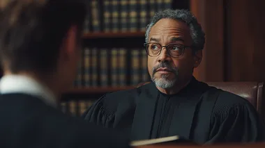 A cinematic photograph of an American judge sitting behind his bench in the courtroom, wearing black robes and glasses with gray hair and looking at someone off-camera. The setting is a modern law office with bookshelves in the background. A man sits across from him, facing away from us, as he reads aloud what he claims to be true about another person who cannot see them, but we can hear their voice.  --s 250