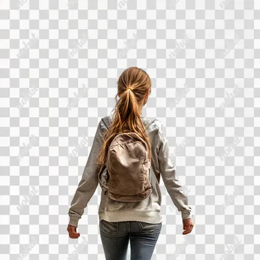 cinematic Realistic color photo of a young student girl, walking towards the back, face facing the opposite way, calling to join with her arm. white background, white ground