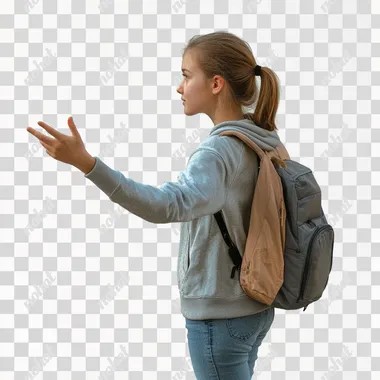 cinematic Realistic color photo of a young student girl, walking towards the back, face facing the opposite way, calling to join with her arm. white background, white ground