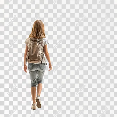 cinematic Realistic color photo of a young student girl, walking towards the back, face facing the opposite way, calling to join with her arm. white background, white ground