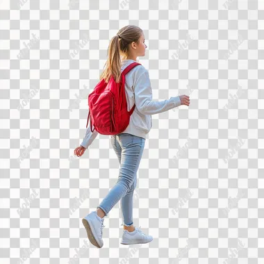 cinematic Realistic color photo of a young student girl, walking towards the back, face facing the opposite way, calling to join with her arm. white background, white ground
