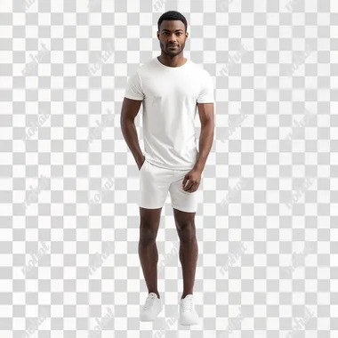 Generate high-resolution full body image of a dark-skinned male model, late 20s, in studio setting with clean white background, posing in minimalist t-shirt and shorts, with hands placed beside him. Photorealistic style. Ensure model's posture is relaxed yet confident, with weight evenly distributed on both feet. Use product photography ecommerce style