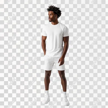 Generate high-resolution full body image of a dark-skinned male model, late 20s, in studio setting with clean white background, posing in minimalist t-shirt and shorts, with hands placed beside him. Photorealistic style. Ensure model's posture is relaxed yet confident, with weight evenly distributed on both feet. Use product photography ecommerce style