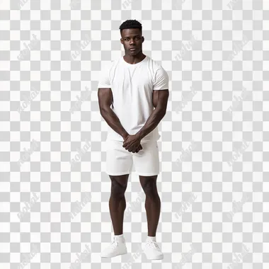 Generate high-resolution full body image of a dark-skinned male model, late 20s, in studio setting with clean white background, posing in minimalist t-shirt and shorts, with hands placed beside him. Photorealistic style. Ensure model's posture is relaxed yet confident, with weight evenly distributed on both feet. Use product photography ecommerce style