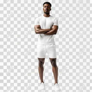 Generate high-resolution full body image of a dark-skinned male model, late 20s, in studio setting with clean white background, posing in minimalist t-shirt and shorts, with hands placed beside him. Photorealistic style. Ensure model's posture is relaxed yet confident, with weight evenly distributed on both feet. Use product photography ecommerce style