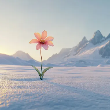 A solitary flower blooming in a cold, snowy mountain landscape, surrounded by pristine white snow and towering icy peaks. The flower is vibrant and colorful, with delicate petals, contrasting beautifully against the stark, frosty environment. The sky above is clear with a soft golden sunrise, casting a gentle warm glow over the scene. Photorealistic, ultra-detailed, cinematic lighting, high resolution, 4K