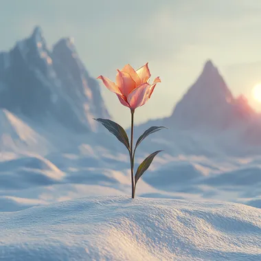 A solitary flower blooming in a cold, snowy mountain landscape, surrounded by pristine white snow and towering icy peaks. The flower is vibrant and colorful, with delicate petals, contrasting beautifully against the stark, frosty environment. The sky above is clear with a soft golden sunrise, casting a gentle warm glow over the scene. Photorealistic, ultra-detailed, cinematic lighting, high resolution, 4K
