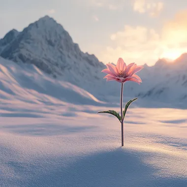 A solitary flower blooming in a cold, snowy mountain landscape, surrounded by pristine white snow and towering icy peaks. The flower is vibrant and colorful, with delicate petals, contrasting beautifully against the stark, frosty environment. The sky above is clear with a soft golden sunrise, casting a gentle warm glow over the scene. Photorealistic, ultra-detailed, cinematic lighting, high resolution, 4K