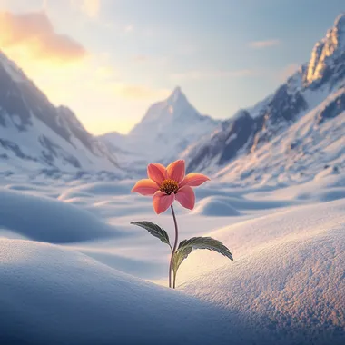 A solitary flower blooming in a cold, snowy mountain landscape, surrounded by pristine white snow and towering icy peaks. The flower is vibrant and colorful, with delicate petals, contrasting beautifully against the stark, frosty environment. The sky above is clear with a soft golden sunrise, casting a gentle warm glow over the scene. Photorealistic, ultra-detailed, cinematic lighting, high resolution, 4K