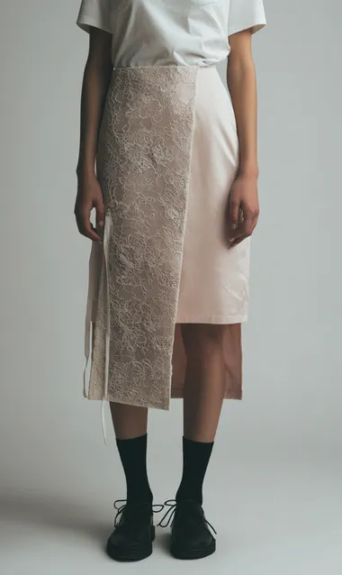 In the style of minimalistic and modern, a woman's dress with lace detailing on one side, a pink slip skirt underneath, a white t-shirt beneath, black socks, and shoes in a neutral color palette. This is a product shot for an e-commerce website.
