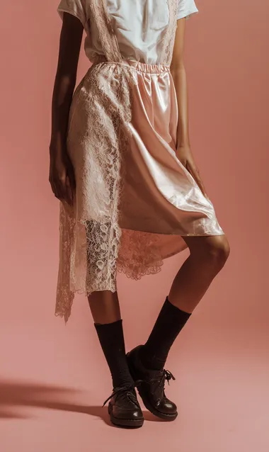 In the style of minimalistic and modern, a woman's dress with lace detailing on one side, a pink slip skirt underneath, a white t-shirt beneath, black socks, and shoes in a neutral color palette. This is a product shot for an e-commerce website.