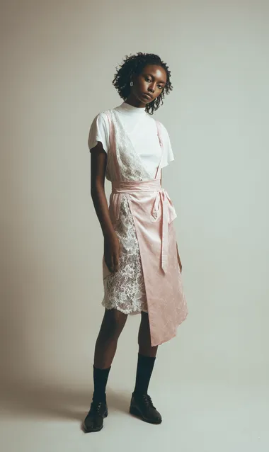 In the style of minimalistic and modern, a woman's dress with lace detailing on one side, a pink slip skirt underneath, a white t-shirt beneath, black socks, and shoes in a neutral color palette. This is a product shot for an e-commerce website.
