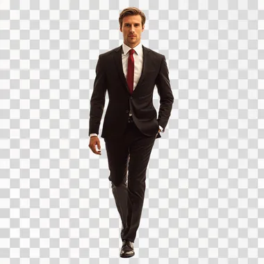 hyper realistic isolated image with white background and no other elements of a handsome man wearing slim fit black suit and white shirt and a red tie, walking like entering a venue, taking a step, one step in front of the other, looking at the camera with slightly tilted head, kodak film, natural light