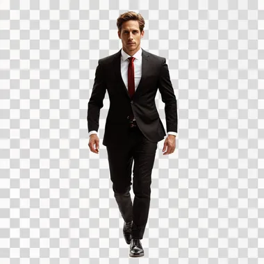hyper realistic isolated image with white background and no other elements of a handsome man wearing slim fit black suit and white shirt and a red tie, walking like entering a venue, taking a step, one step in front of the other, looking at the camera with slightly tilted head, kodak film, natural light