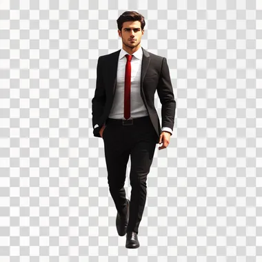 hyper realistic isolated image with white background and no other elements of a handsome man wearing slim fit black suit and white shirt and a red tie, walking like entering a venue, taking a step, one step in front of the other, looking at the camera with slightly tilted head, kodak film, natural light