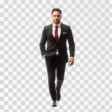 hyper realistic isolated image with white background and no other elements of a handsome man wearing slim fit black suit and white shirt and a red tie, walking like entering a venue, taking a step, one step in front of the other, looking at the camera with slightly tilted head, kodak film, natural light