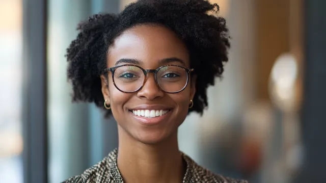 Smiling Woman in Glasses Portrait – Casual Indoor Setting