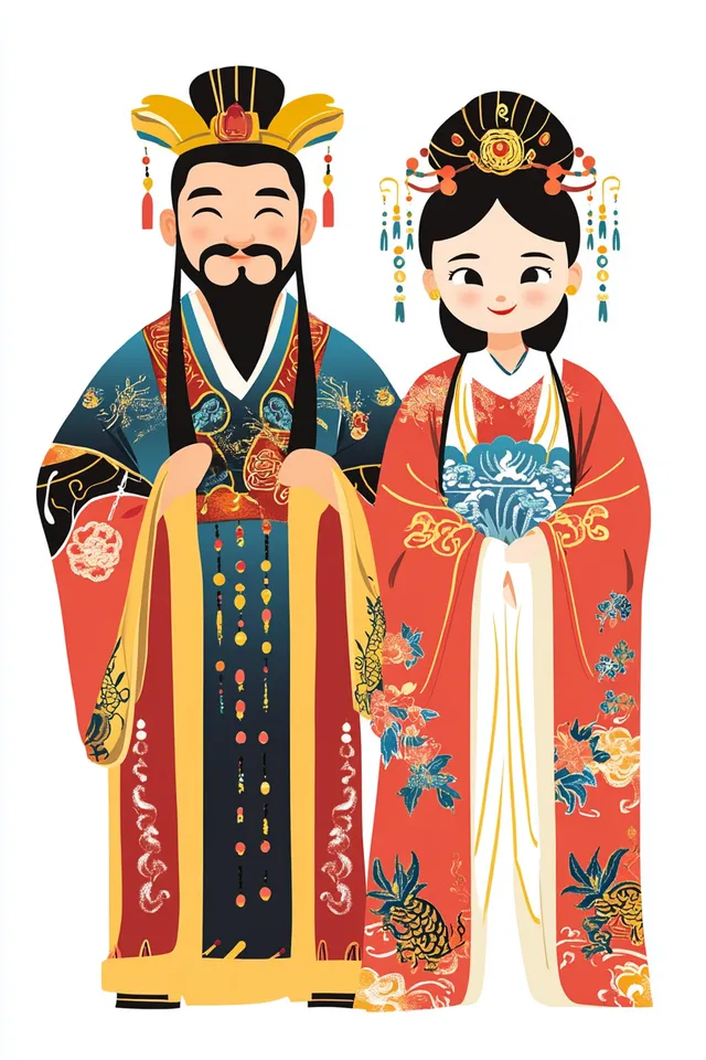 Chinese couple in traditional clothing, flat illustration on white background