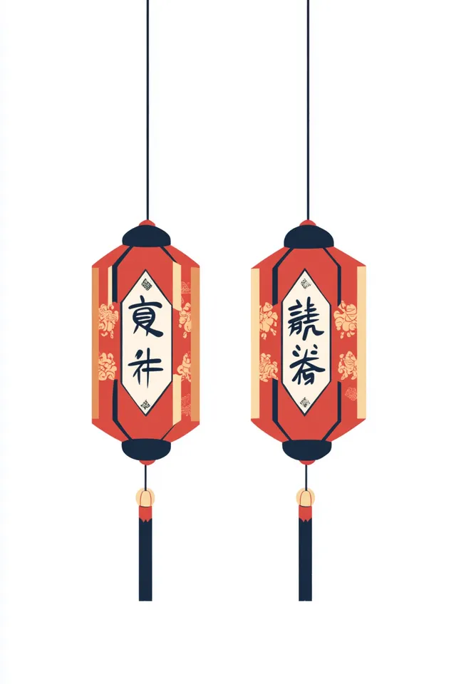 Chinese Lanterns Hanging in Living Space - Flat Illustration Style