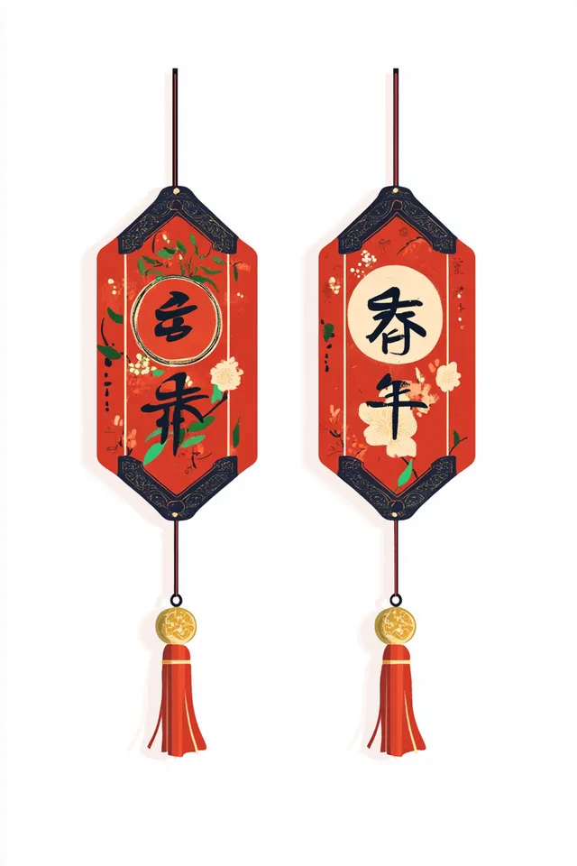 Chinese Couplets for Home Decor: Red Hanging Decorations on White Background