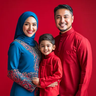 a gorgeous looking muslim family of a 29 year old mother wearing blue colour tudang on her head and 30 year old father wearing red cloth with a 14 year old boy, happy smiling expression, they are posed lively and joyful manner, full body crop, they are standing against a red background, this is a commercial photography setup, using studio lighting and a red color palette. The image was captured using a Sony A7R IV camera and a FE 85mm f/2.0 GM lens.