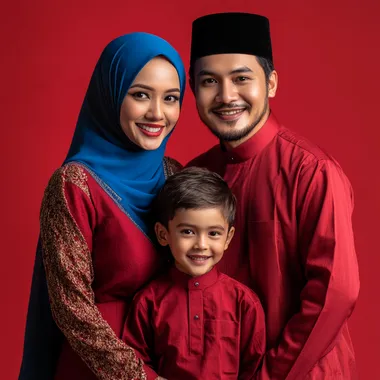 a gorgeous looking muslim family of a 29 year old mother wearing blue colour tudang on her head and 30 year old father wearing red cloth with a 14 year old boy, happy smiling expression, they are posed lively and joyful manner, full body crop, they are standing against a red background, this is a commercial photography setup, using studio lighting and a red color palette. The image was captured using a Sony A7R IV camera and a FE 85mm f/2.0 GM lens.