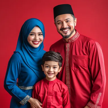 a gorgeous looking muslim family of a 29 year old mother wearing blue colour tudang on her head and 30 year old father wearing red cloth with a 14 year old boy, happy smiling expression, they are posed lively and joyful manner, full body crop, they are standing against a red background, this is a commercial photography setup, using studio lighting and a red color palette. The image was captured using a Sony A7R IV camera and a FE 85mm f/2.0 GM lens.