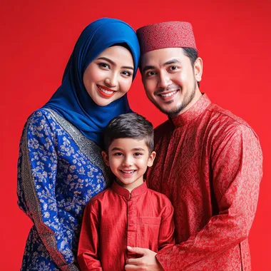 a gorgeous looking muslim family of a 29 year old mother wearing blue colour tudang on her head and 30 year old father wearing red cloth with a 14 year old boy, happy smiling expression, they are posed lively and joyful manner, full body crop, they are standing against a red background, this is a commercial photography setup, using studio lighting and a red color palette. The image was captured using a Sony A7R IV camera and a FE 85mm f/2.0 GM lens.