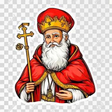 Saint Nicholas with a white beard, a red mitre with a yellow cross, a red robe, and is holding a golden shepherd's staff, cute sticker style