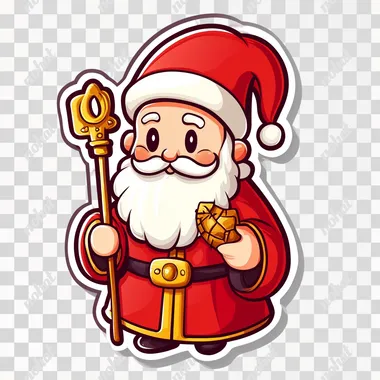 Saint Nicholas with a white beard, a red mitre with a yellow cross, a red robe, and is holding a golden shepherd's staff, cute sticker style
