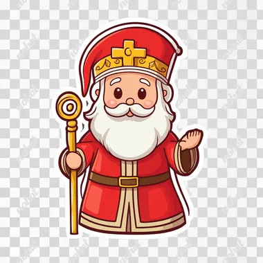 Saint Nicholas with a white beard, a red mitre with a yellow cross, a red robe, and is holding a golden shepherd's staff, cute sticker style