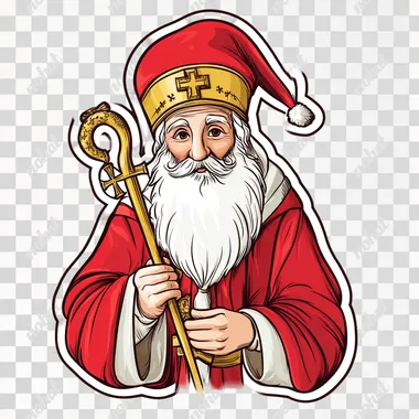 Saint Nicholas with a white beard, a red mitre with a yellow cross, a red robe, and is holding a golden shepherd's staff, cute sticker style