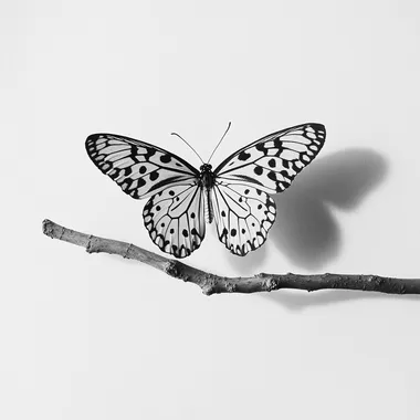 A black and white photograph of a delicate butterfly on a branch, patterned wings, white background, simple, elegant, high contrast, sharp focus, smooth, no blur, no depth of field, clean, by Richard Parkes Bonington, by Gustav Klimt, by Nick Knight, by John D daylighter, by Hattori kshirokun with no shadows on the wall, flat white background, no text or words in picture