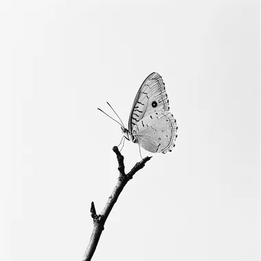A black and white photograph of a delicate butterfly on a branch, patterned wings, white background, simple, elegant, high contrast, sharp focus, smooth, no blur, no depth of field, clean, by Richard Parkes Bonington, by Gustav Klimt, by Nick Knight, by John D daylighter, by Hattori kshirokun with no shadows on the wall, flat white background, no text or words in picture