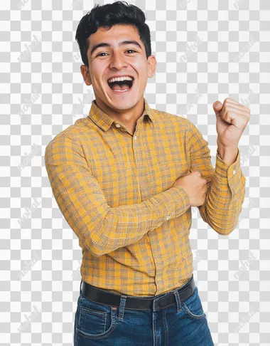 A young mexican men wearing jeans and a yellow checkered long-sleeved shirt is standing in front of the camera, with an excited expression and celebrating with a pose semi-profiled with one arm crossed and with the other arm he makes a flea-up gesture . She has short black hair and slightly curly bangs. The background color is white to highlight him. Capture the moment when she's conveying joy as if something interesting or amazing had just landed on it, in the style of Canon EOS R5.