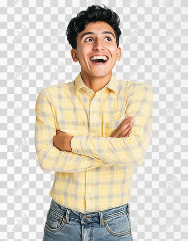 A young mexican men wearing jeans and a yellow checkered long-sleeved shirt is standing in front of the camera, with an excited expression and celebrating with a pose semi-profiled with one arm crossed and with the other arm he makes a flea-up gesture . She has short black hair and slightly curly bangs. The background color is white to highlight him. Capture the moment when she's conveying joy as if something interesting or amazing had just landed on it, in the style of Canon EOS R5.