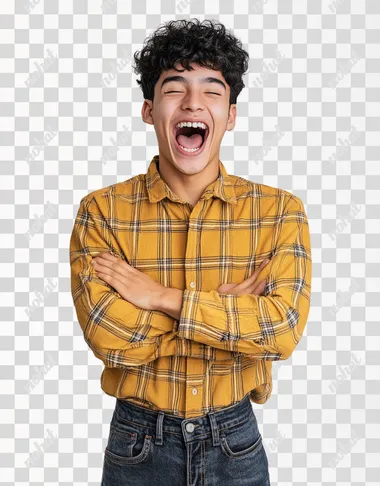 A young mexican men wearing jeans and a yellow checkered long-sleeved shirt is standing in front of the camera, with an excited expression and celebrating with a pose semi-profiled with one arm crossed and with the other arm he makes a flea-up gesture . She has short black hair and slightly curly bangs. The background color is white to highlight him. Capture the moment when she's conveying joy as if something interesting or amazing had just landed on it, in the style of Canon EOS R5.